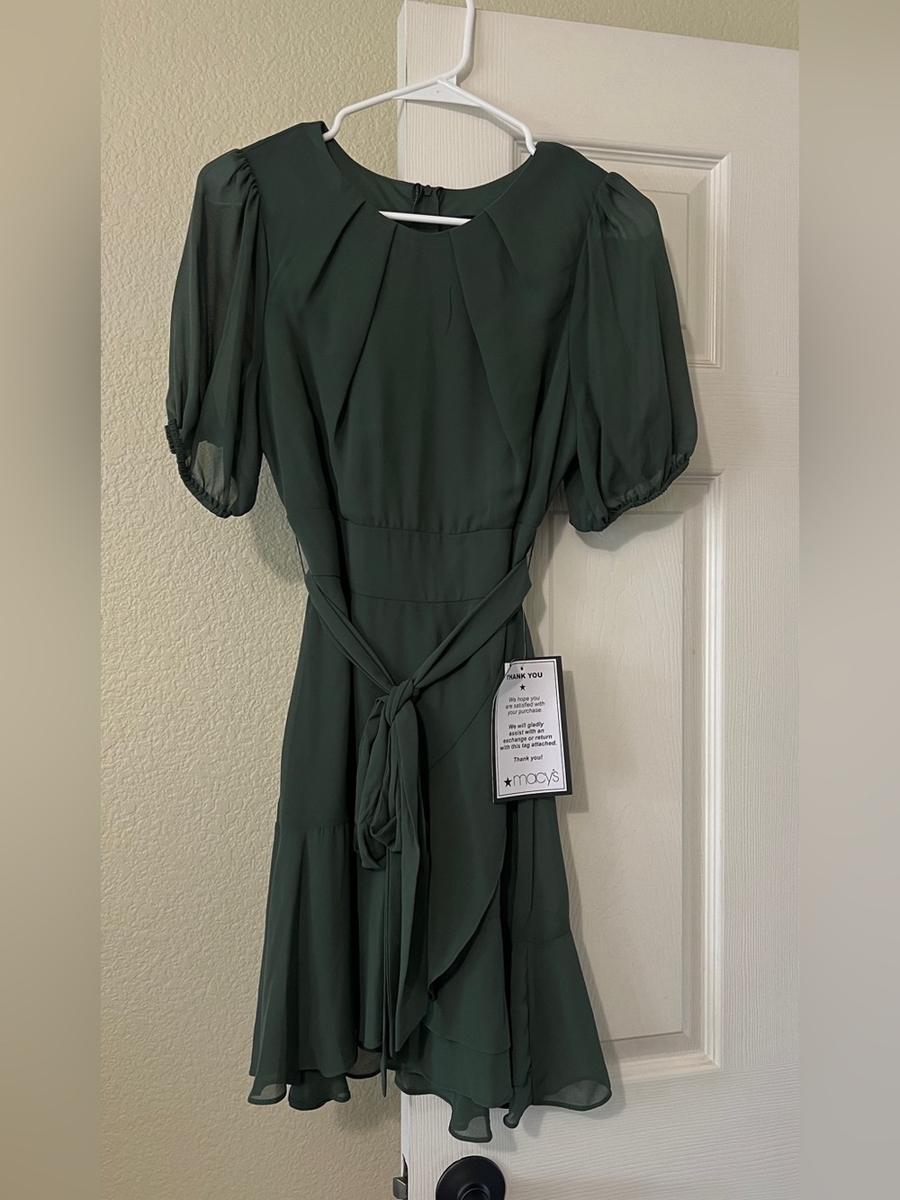 B. Darlin Dark Green Puff-Sleeve Wrap Midi Dress